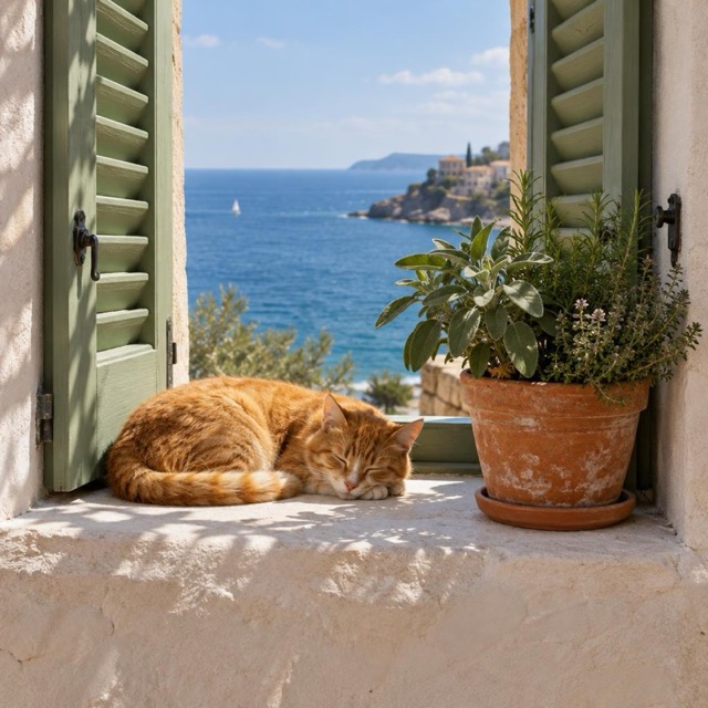 A ginger cat asleep on a sunny windowsill above the sea