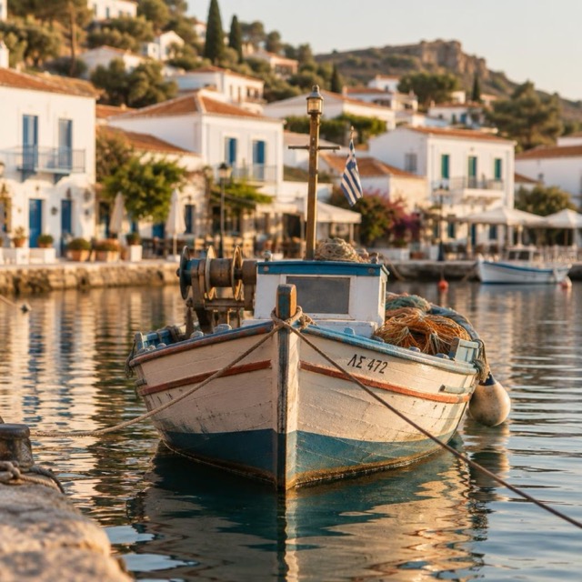 A wooden fishing boat moored in a Mediterranean harbour at golden hour