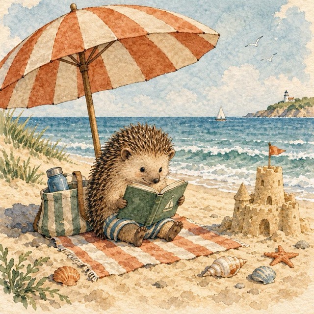 A watercolour hedgehog reading under a beach parasol