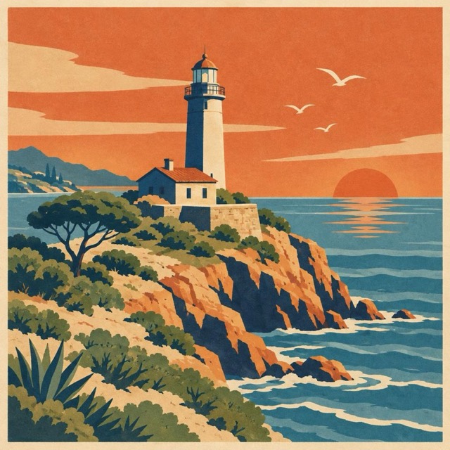 A mid-century travel poster of a lighthouse on a rocky headland at sunset