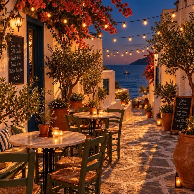 The same café terrace in the evening, lit by string lights