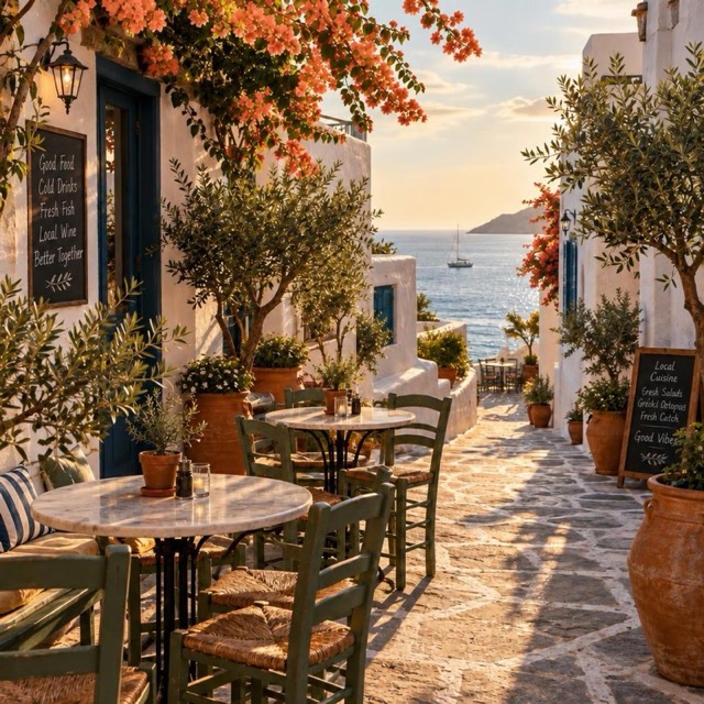 A sunlit café terrace in a whitewashed seaside town