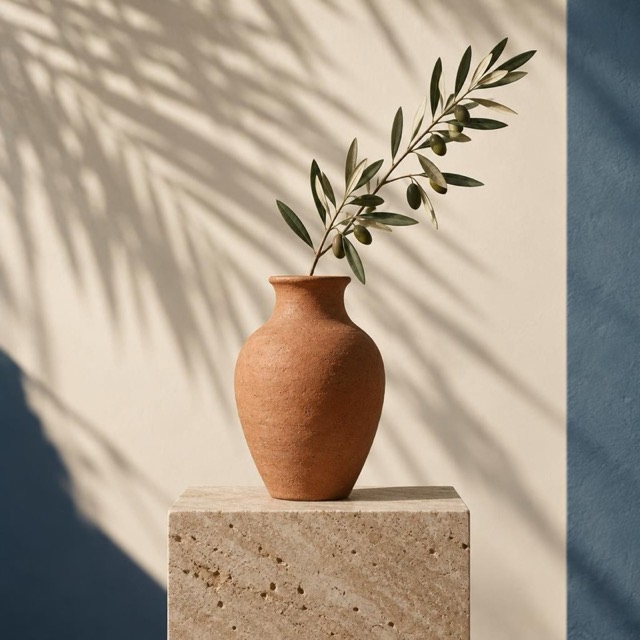 A terracotta vase with an olive branch on a travertine plinth